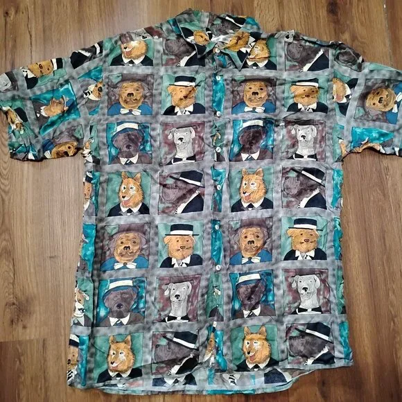 Vintage Burma Bibas Dogs Silk Button Shirt